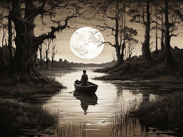 Free grayscale full moon boat illustration