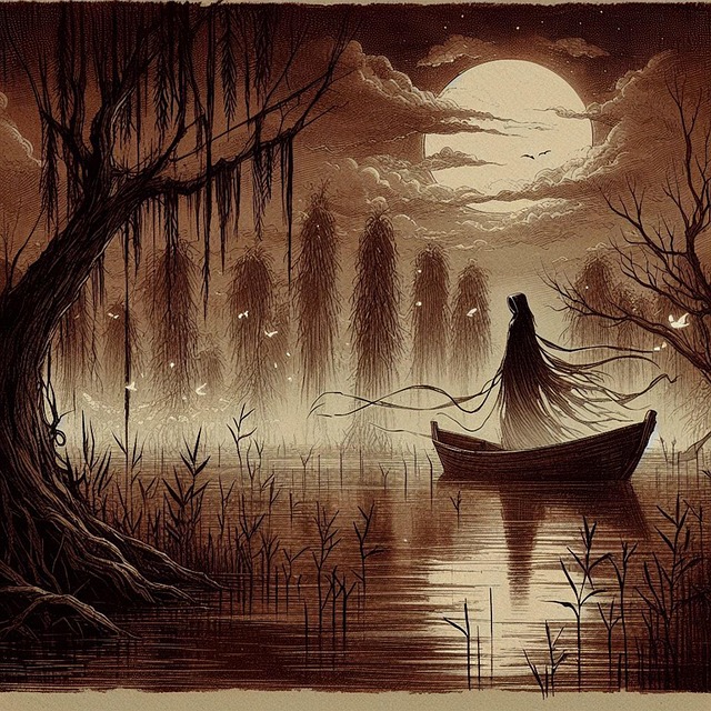 Free swampscene sepiatone woodenboat illustration