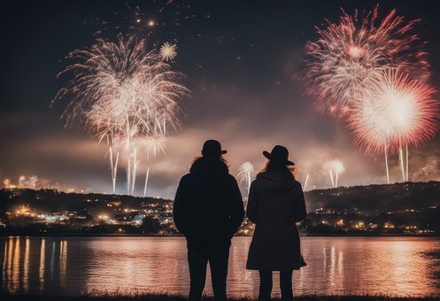 Feuerwerk, Feier, Paar, Silhouette