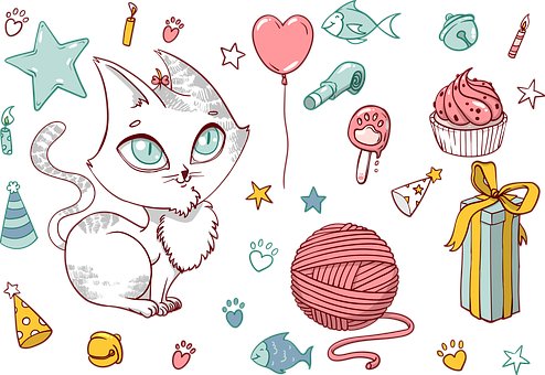 猫, 生日快乐, 猫科动物, 星星, 礼品盒, 手绘, 当下, 纸杯蛋糕, 棒糖