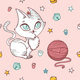 图案, 猫, 快乐的, 星星, 无缝的, 可爱的, 手绘, 当下, 小猫, 猫铃