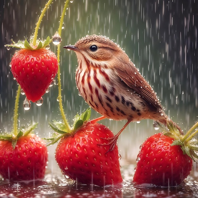 Free bird nature strawberry illustration