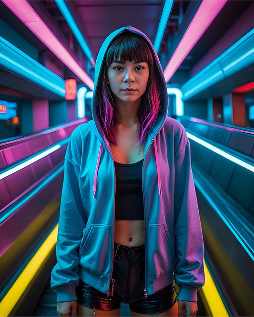 Free girl escalator neon illustration