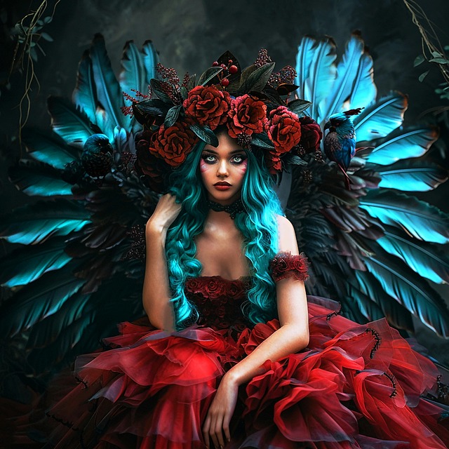 Free woman blue-green hair red gown illustration