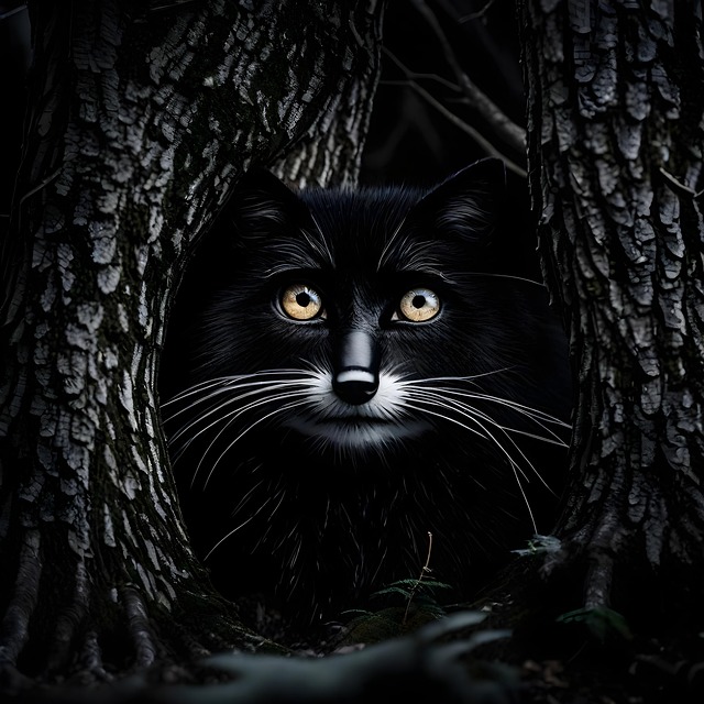 Free mysterious black cat prowls haunting forest illustration