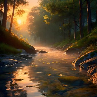 Amanecer, Bosque, Arroyo, Naturaleza