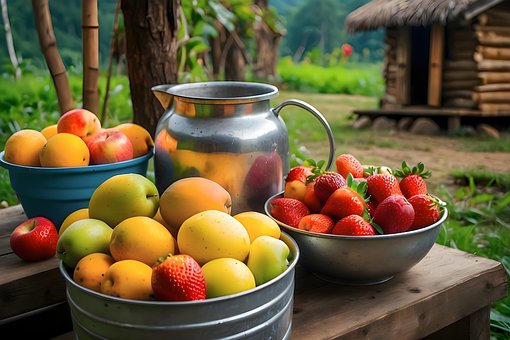 Frutas Mixtas, Cuencos De Plata, Mesa