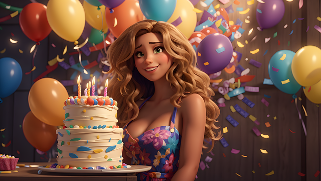 Free woman birthday cake balloons illustration