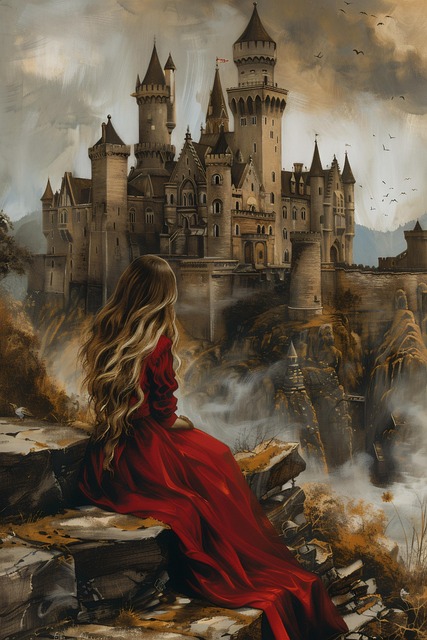 Free girl red dress castle illustration