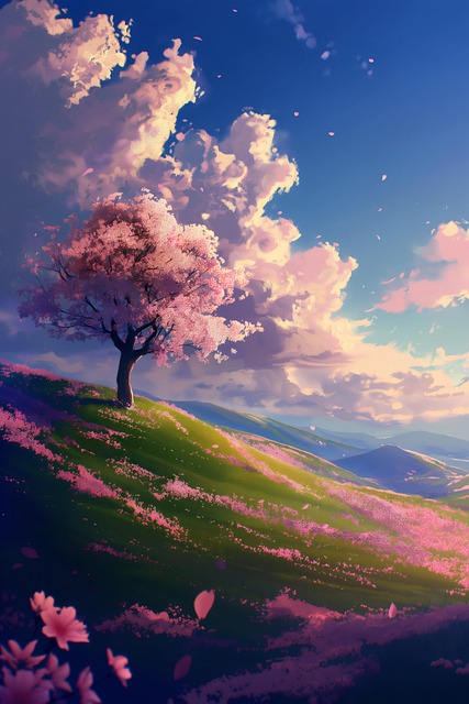Free beautiful tree green hill pink cherry blossoms illustration