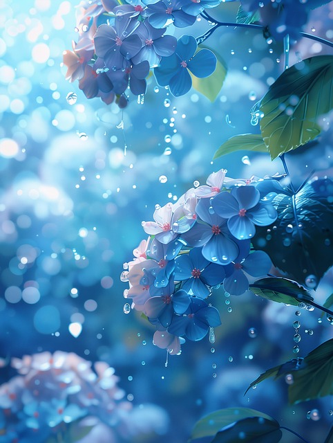Free blue hydrangea flowers rain blue background illustration