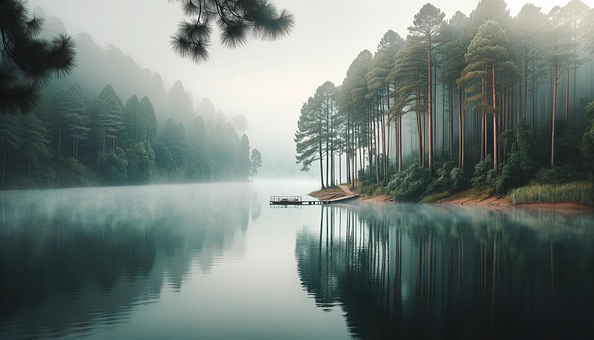 Neblig, See, Bäume, Wald, Natur