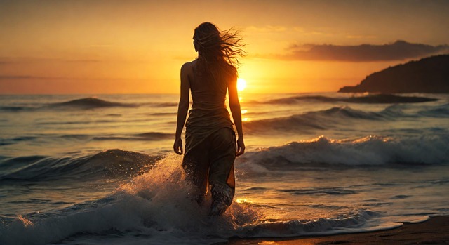 Free ocean sunset woman illustration
