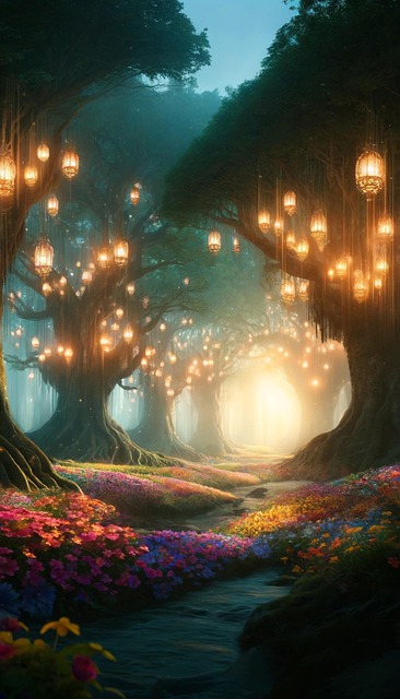 Free ai generated forest lanterns illustration