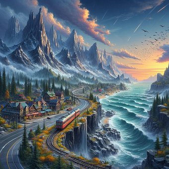 Ansicht, Zug, Berge, Häuser, Meer