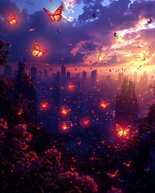 Borboletas, Cidade, Pôr Do Sol, Brilho