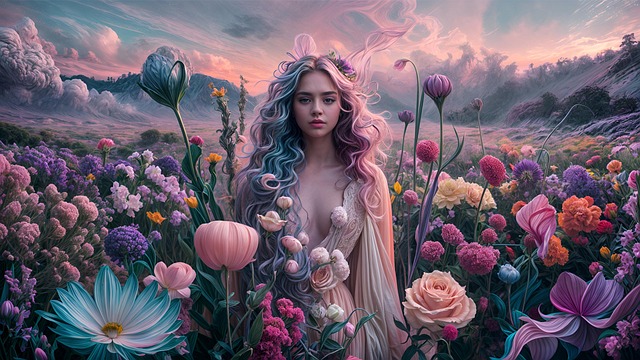 Free ai generated woman flowers illustration