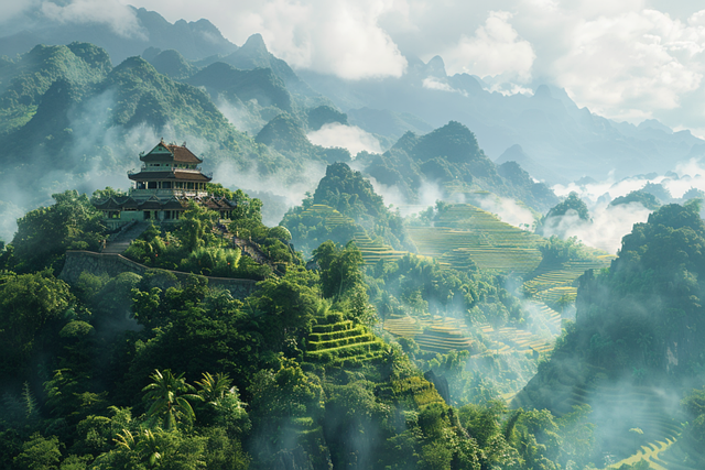 Free ai generated temple mountains illustration