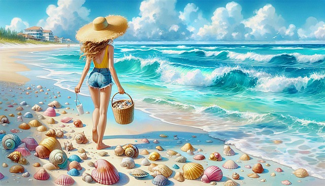 Free woman seashells ocean illustration