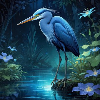 Птица, Вода, Цветя, Нощно Време, Чапла