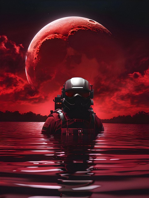 Luna, Hombre, Rojo, Oceano, Mar