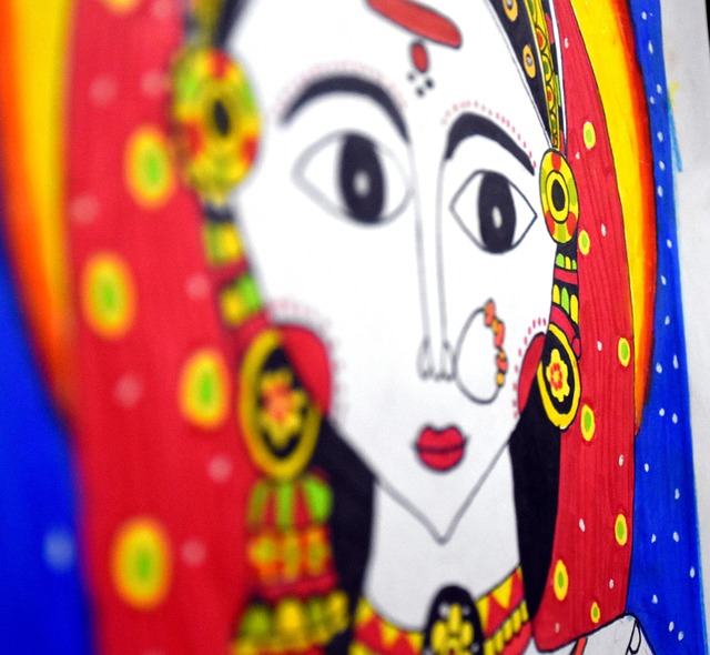 Stammes, Mädchen, Gesicht, Madhubani