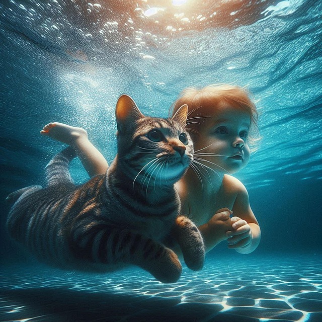 Kleinkind, Baby, Kind, Katze, Wasser