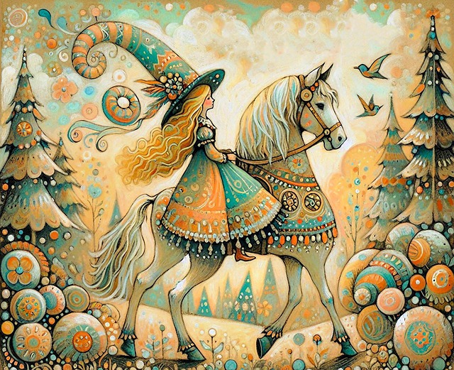 Free fairytale whimsical woman on horse illustration
