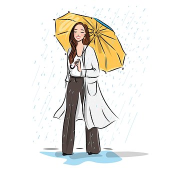 Sketch, Woman, Happy, Rain, Umbrella