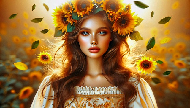 Frau, Sonnenblumenkrone, Blaue Augen