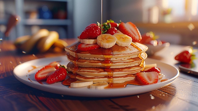 Clătite, Briose, Căpșune, Banane, Sirop