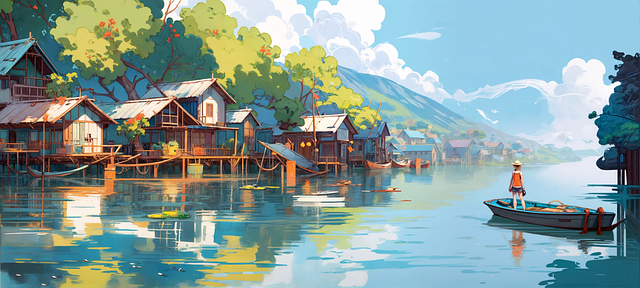 Free ai generated houses lake illustration