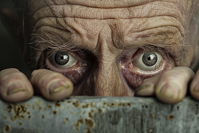 Free close-up eyes wrinkled face gripping hands illustration