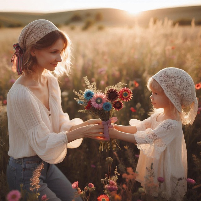 Free mother daughter bunch of flowers illustration