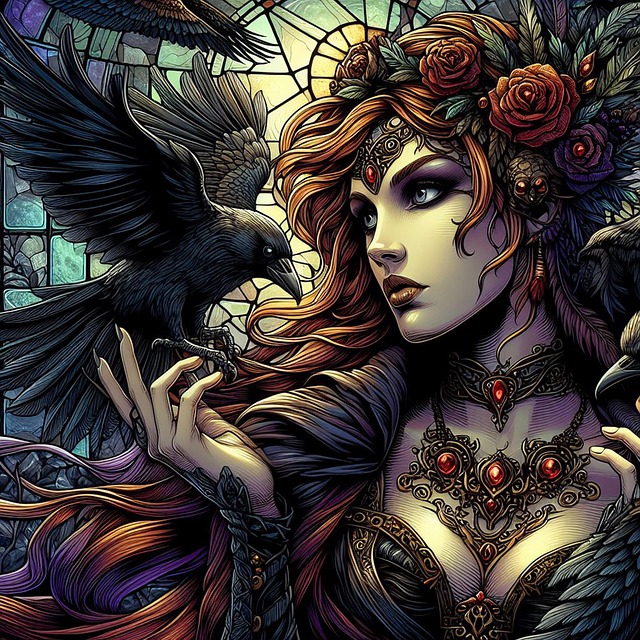 Free raven woman stained glass illustration
