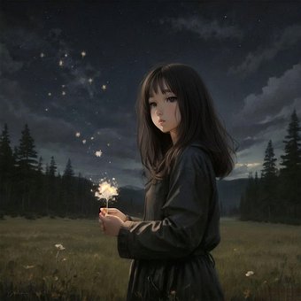 Kvinne, Anime, Natt, Himmel, Stjerner