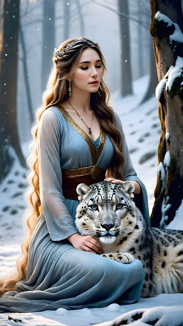 Free ai generated woman snowleopard illustration