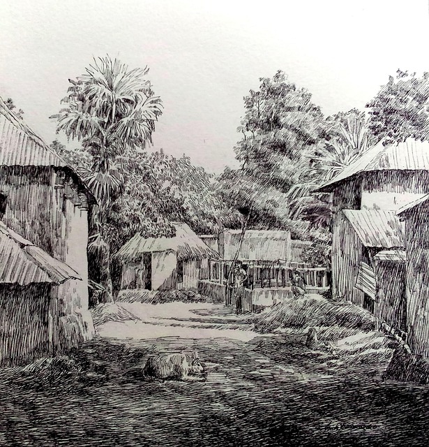Landsbylivet, Akryl Maleri