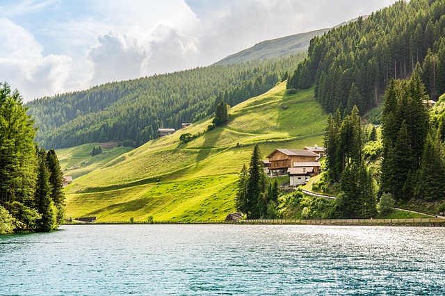 lake, mountains, house, nature, alps