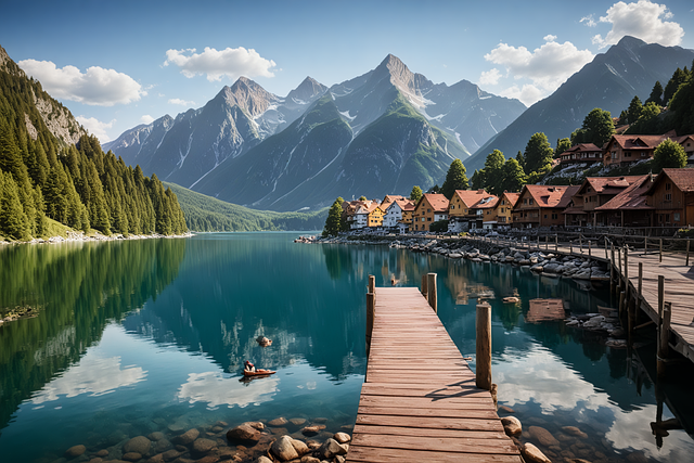 Free mountain lake village serene illustration