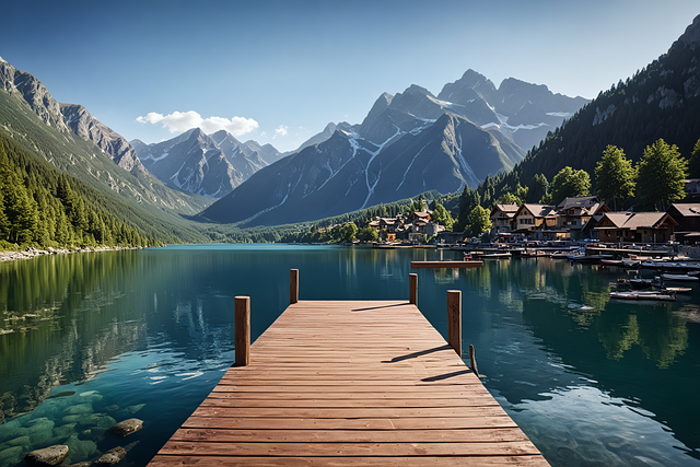 Free ai generated mountain lake village illustration