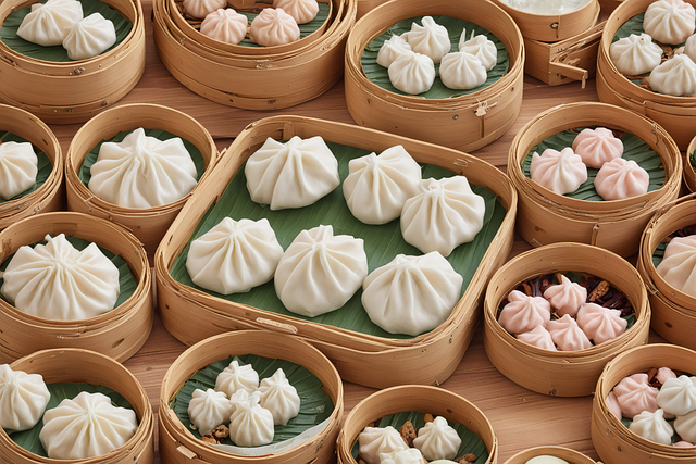 Free chinese dim sum dim sum assortment bamboo steamers illustration