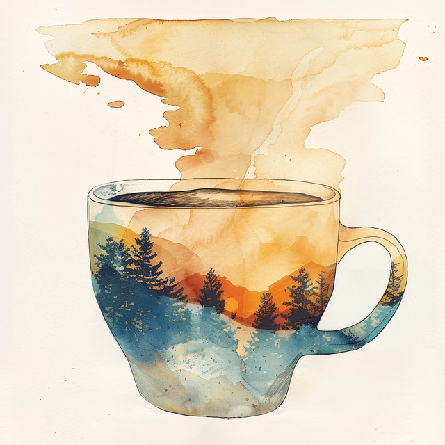 Free teacup watercolor sunset illustration