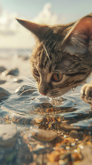 Free cat feline drinking seawater illustration