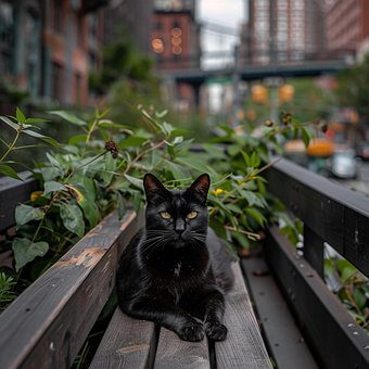 Schwarze Katze, Holzbank, Haustier