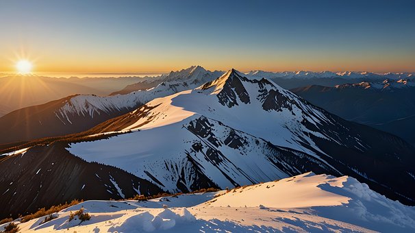 Sonnenuntergang, Verschneite Berge