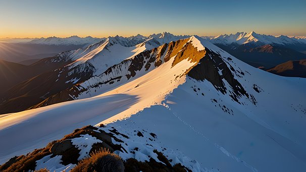 Sonnenaufgang, Schneebedeckte Berge