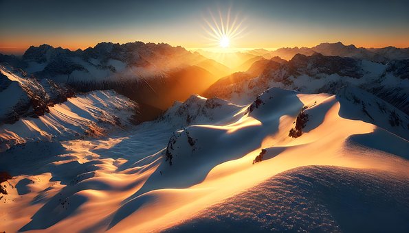 Sonnenaufgang, Schneebedeckte Gipfel