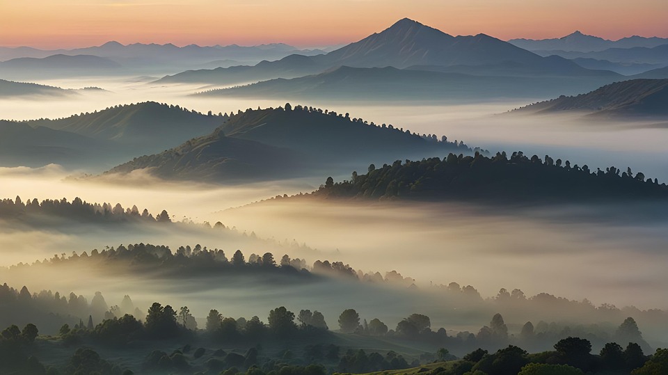 Download Sunrise, Misty Valleys, Mystical Landscape. Royalty-Free Stock