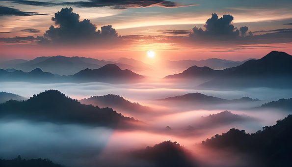 Sonnenaufgang, Neblige Berge